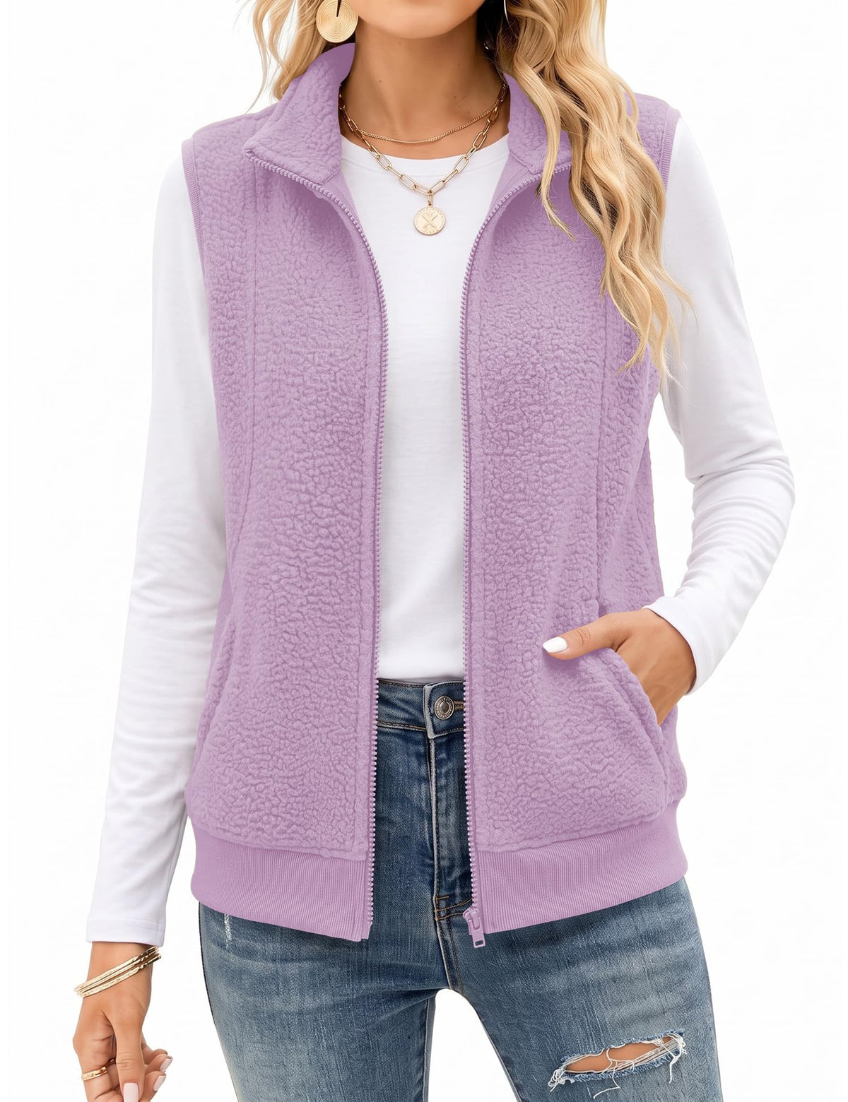 AKEWEI Womens Sherpa Fleece Vest Trendy Warm Sleeveless Vests Jacket