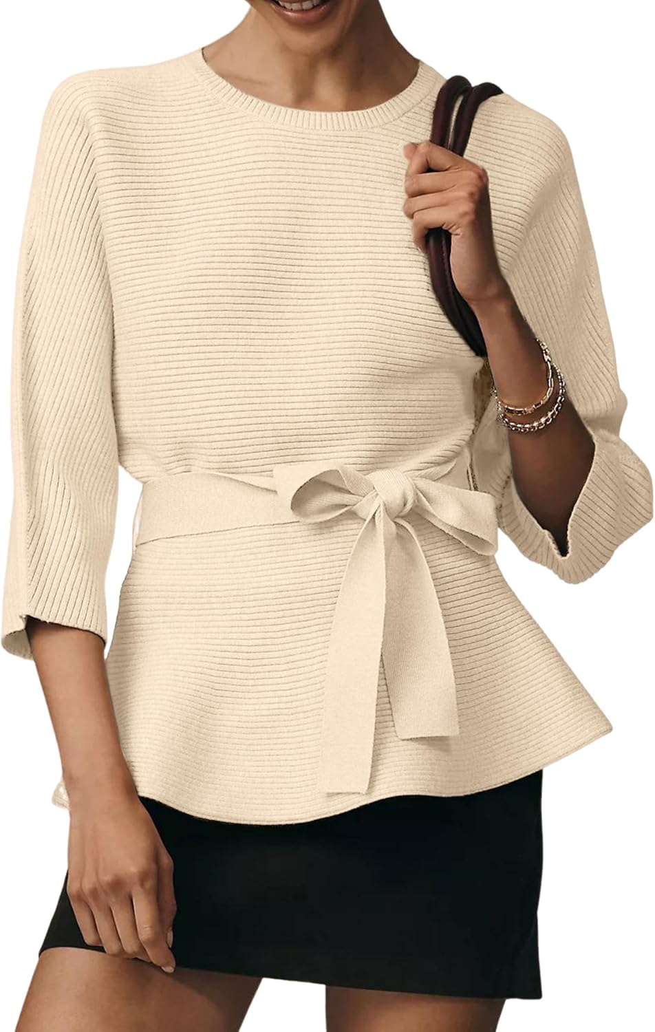 Yeokou Womens Ribbed Belted Sweater 3/4 Sleeve Crew Neck Pullover Tunic Top Spring Fall Casual Loose Fit Knitwear