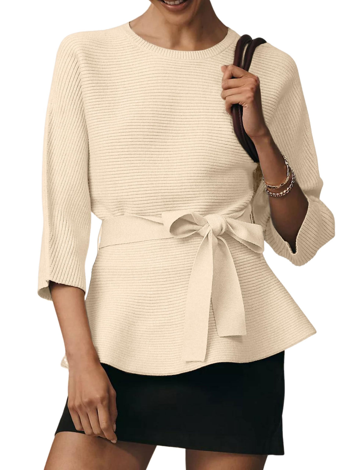 Yeokou Womens Ribbed Belted Sweater 3/4 Sleeve Crew Neck Pullover Tunic Top Spring Fall Casual Loose Fit Knitwear