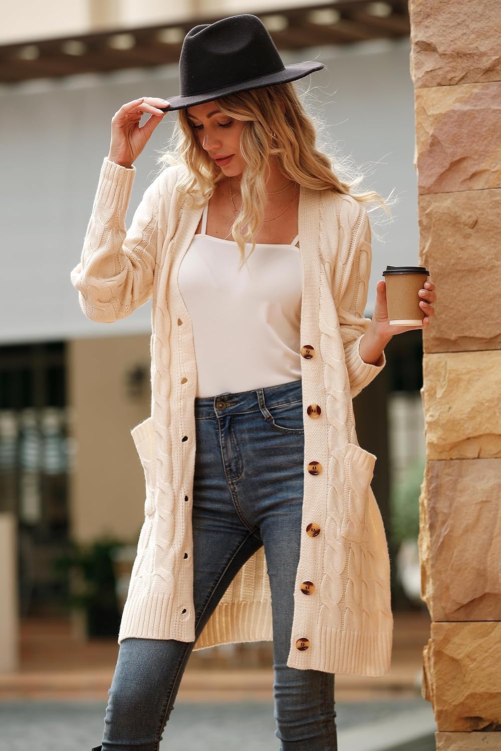 PRETTYGARDEN Womens Cable Knit Button Long Cardigan Sweaters