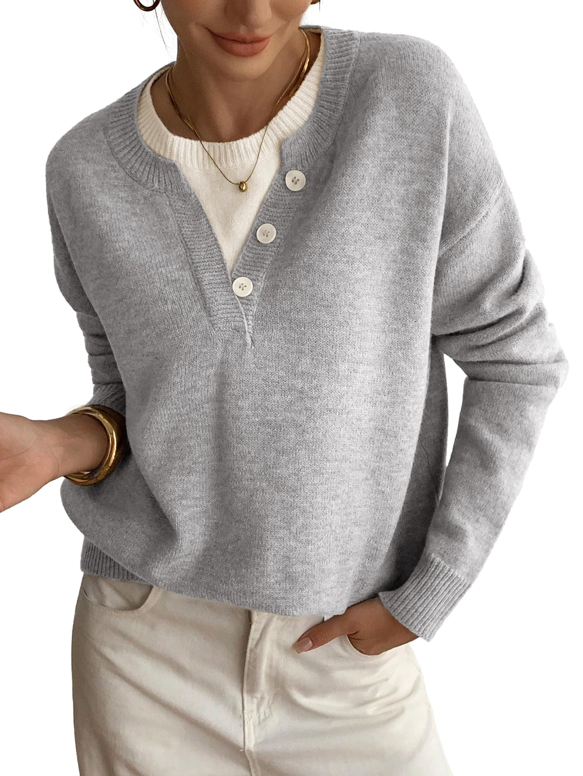 Womens Sweaters Casual Henley Neck Long Sleeve Pullover Tops 2026