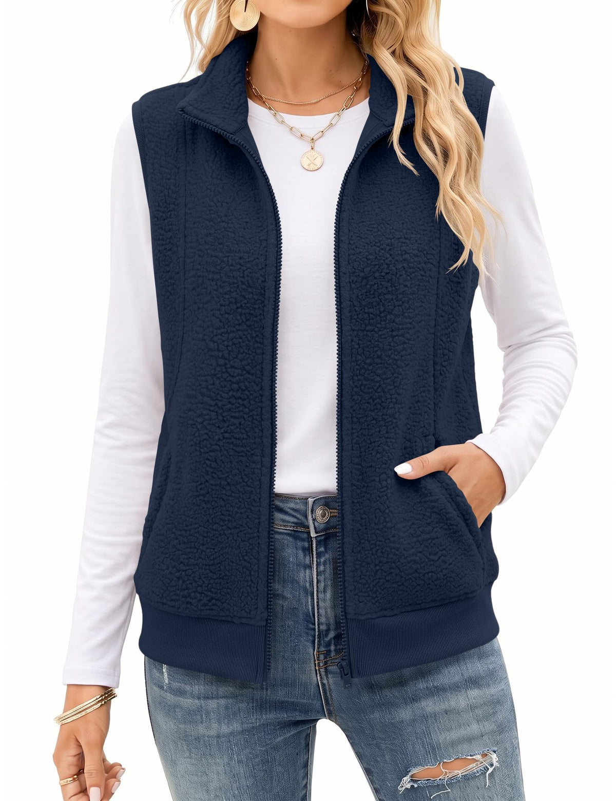 AKEWEI Womens Sherpa Fleece Vest Trendy Warm Sleeveless Vests Jacket
