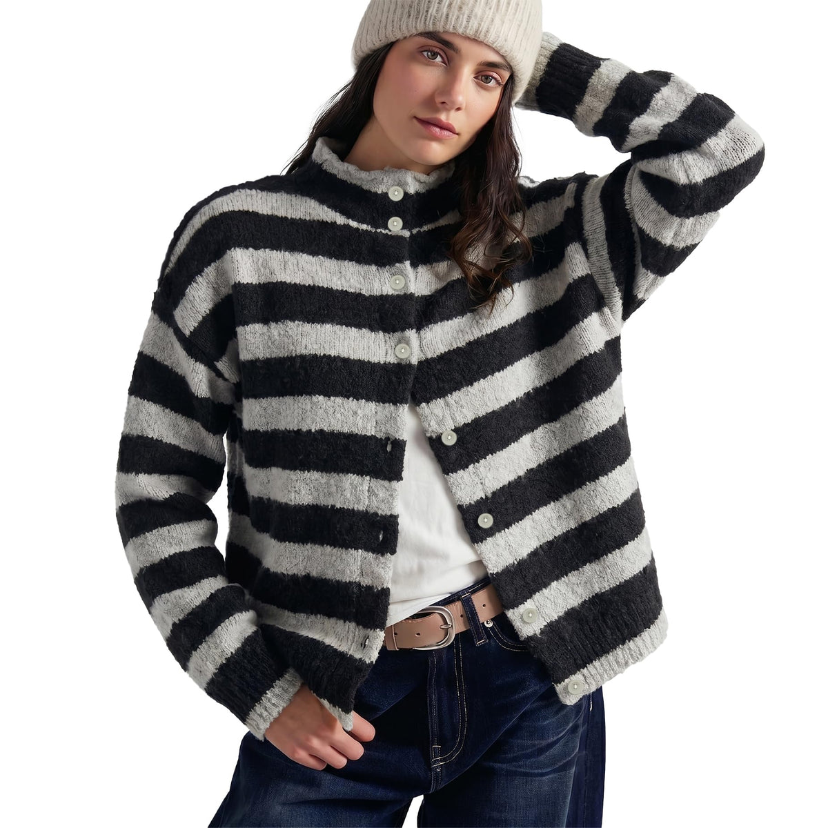 Womens Striped Cardigan Casual Long Sleeve Stand Collar Button Down Sweater Tops Lightweight Fall Fashion Knitwear