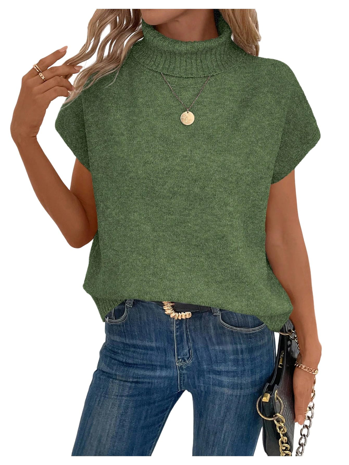 WDIRARA Women's Turtleneck Cap Sleeve Sweater Vest Pullover Knitted Top Loose Oversized Knitwear