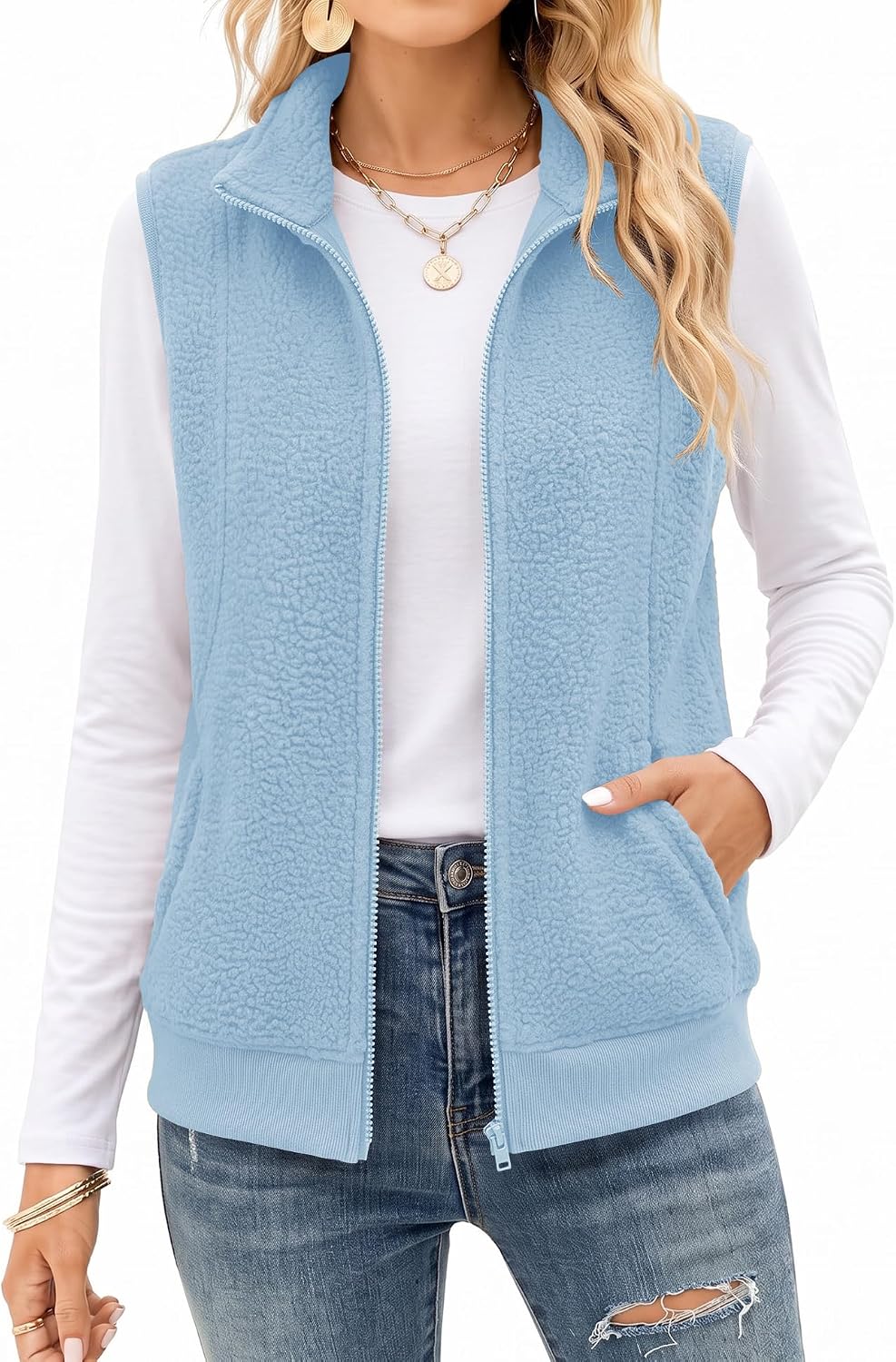 AKEWEI Womens Sherpa Fleece Vest Trendy Warm Sleeveless Vests Jacket