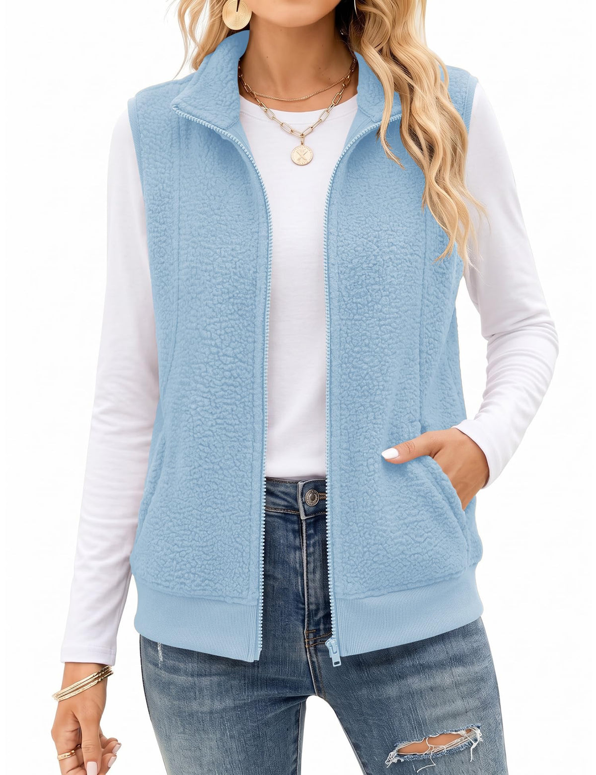 AKEWEI Womens Sherpa Fleece Vest Trendy Warm Sleeveless Vests Jacket