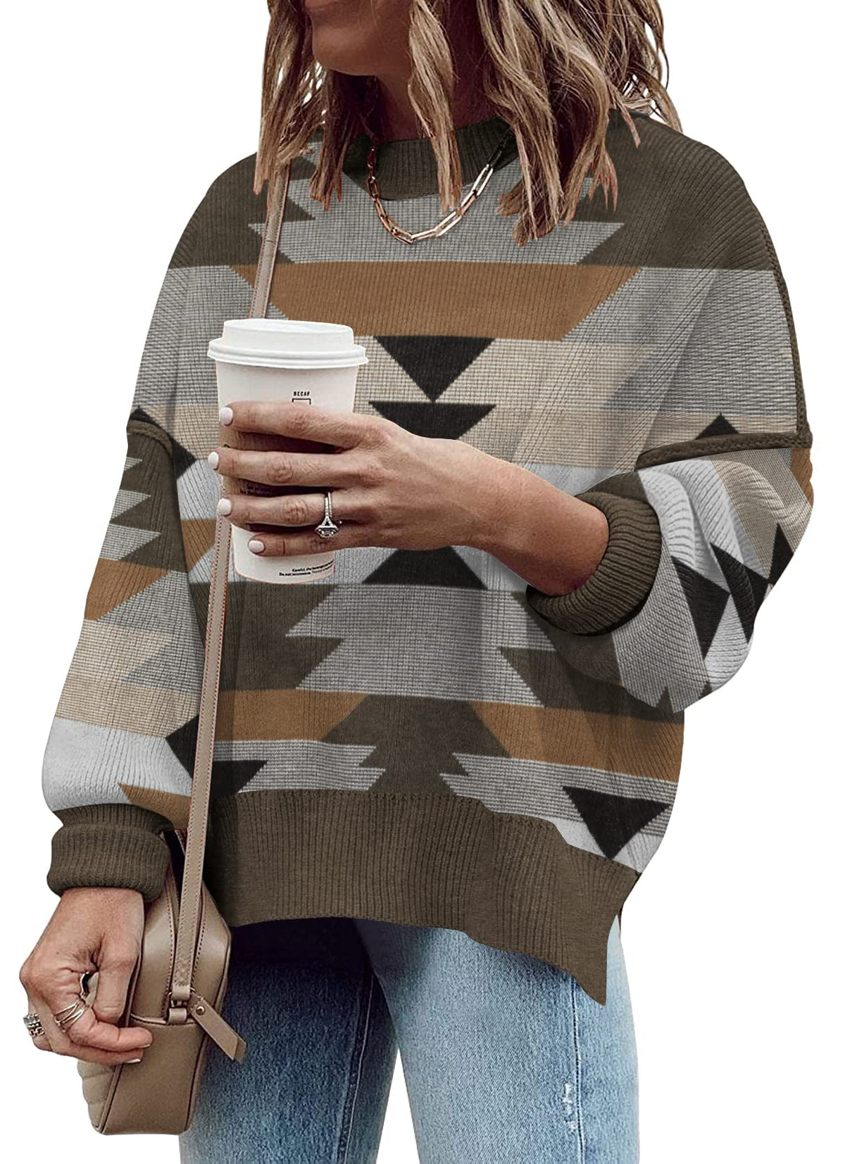 Womens Oversized Sweaters Fall Fashion Side Slit Ribbed Pullover Sweater