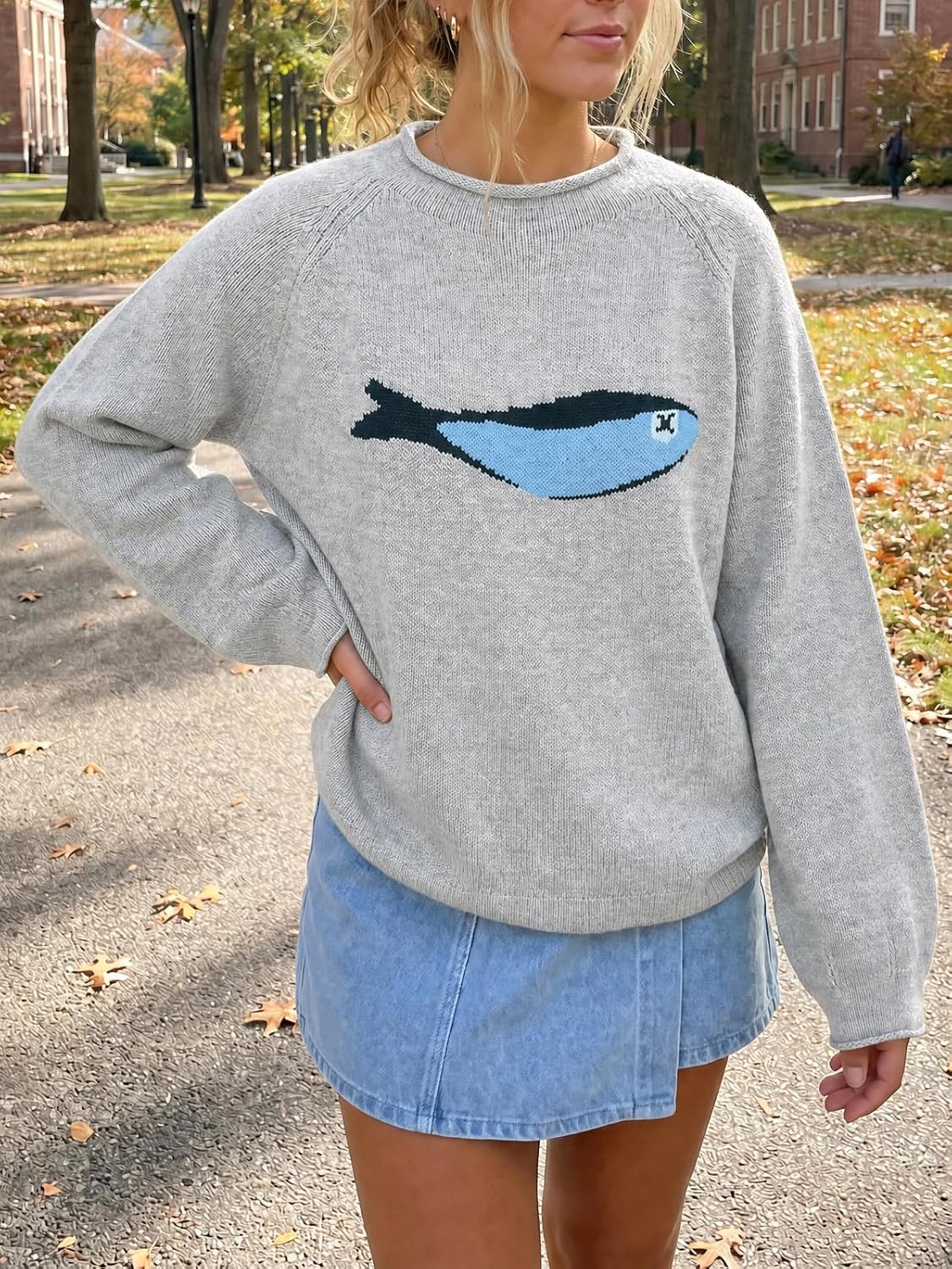 Tankaneo Womens Fish Graphic Oversized Sweaters Lightweight Knit Pullover