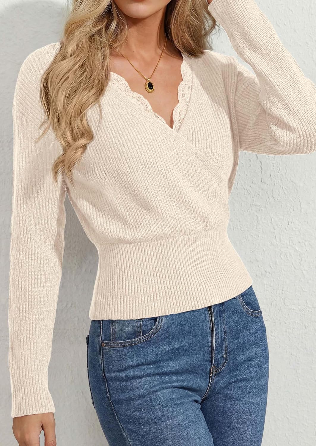 PRETTYGARDEN Women's Lace Trim V Neck Wrap Sweater Cropped Fall Tops 2026