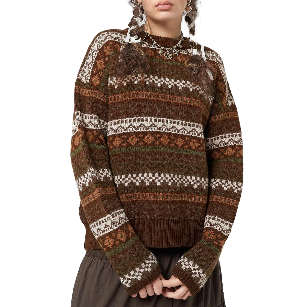 Women Y2K Argyle Striped Pullover Sweater Casual Long Sleeve Round Neck Vintage Preppy Style Pullover Knitwear