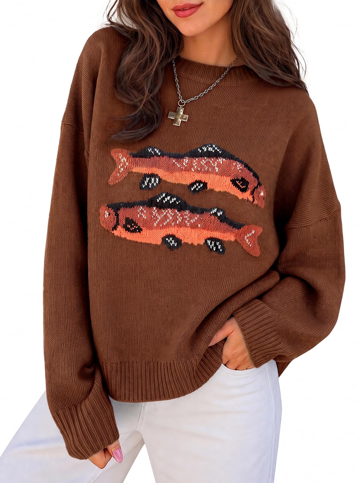 Flowyair Womens Fish Graphic Sweater Long Sleeve Knit Crew Neck Pullover