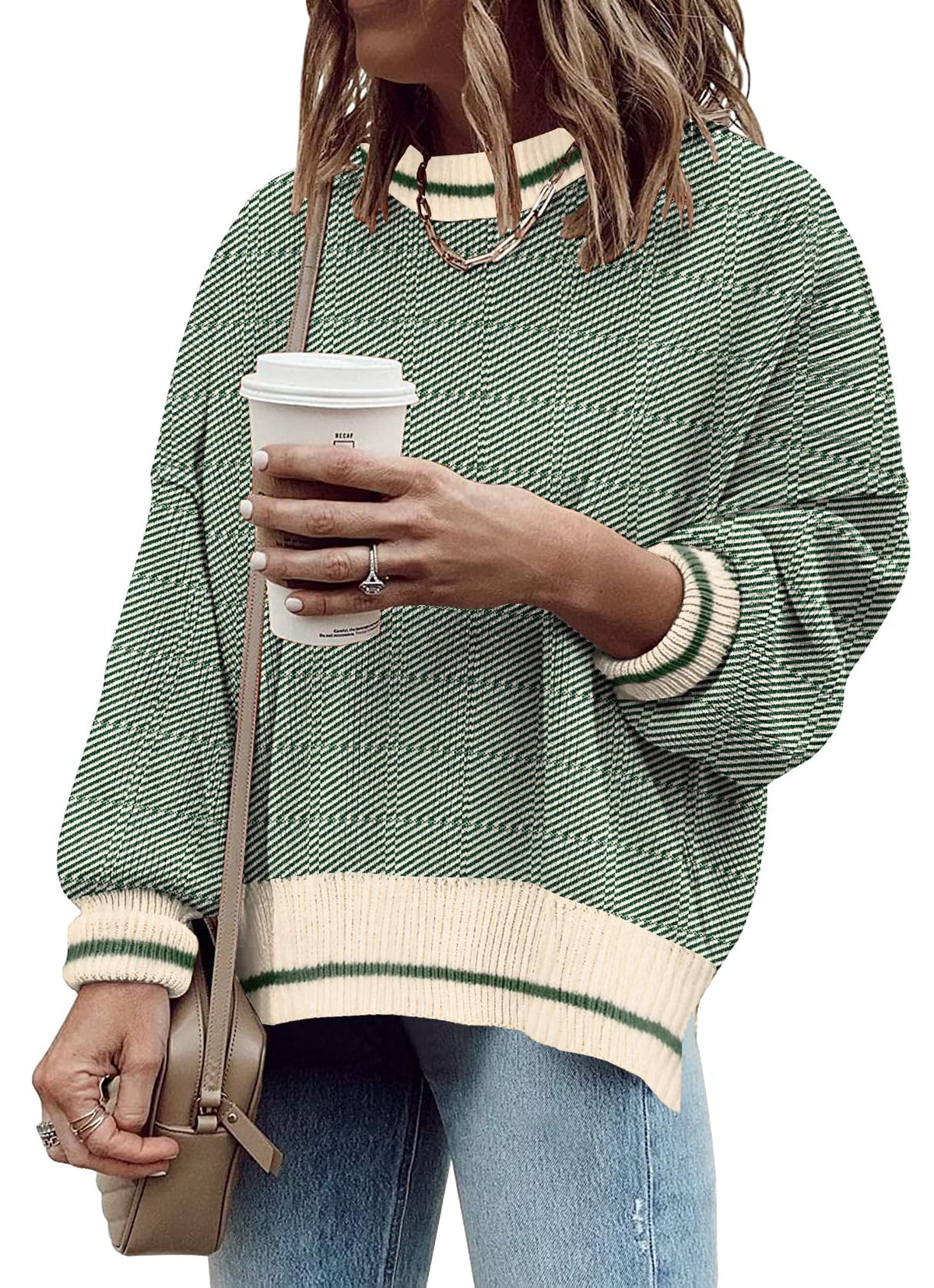 Womens Oversized Sweaters Fall Fashion Side Slit Ribbed Pullover Sweater