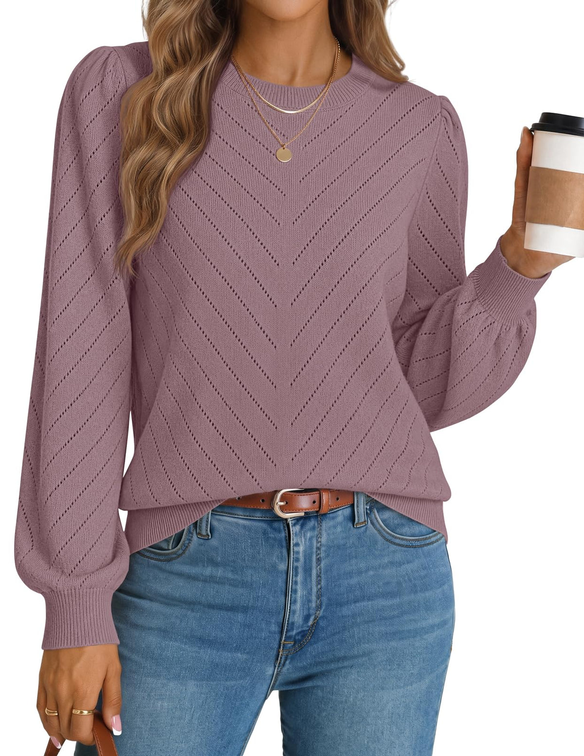 MEROKEETY Womens Fall Lightweight Sweater Long Sleeve Eyelet Pullover Tops