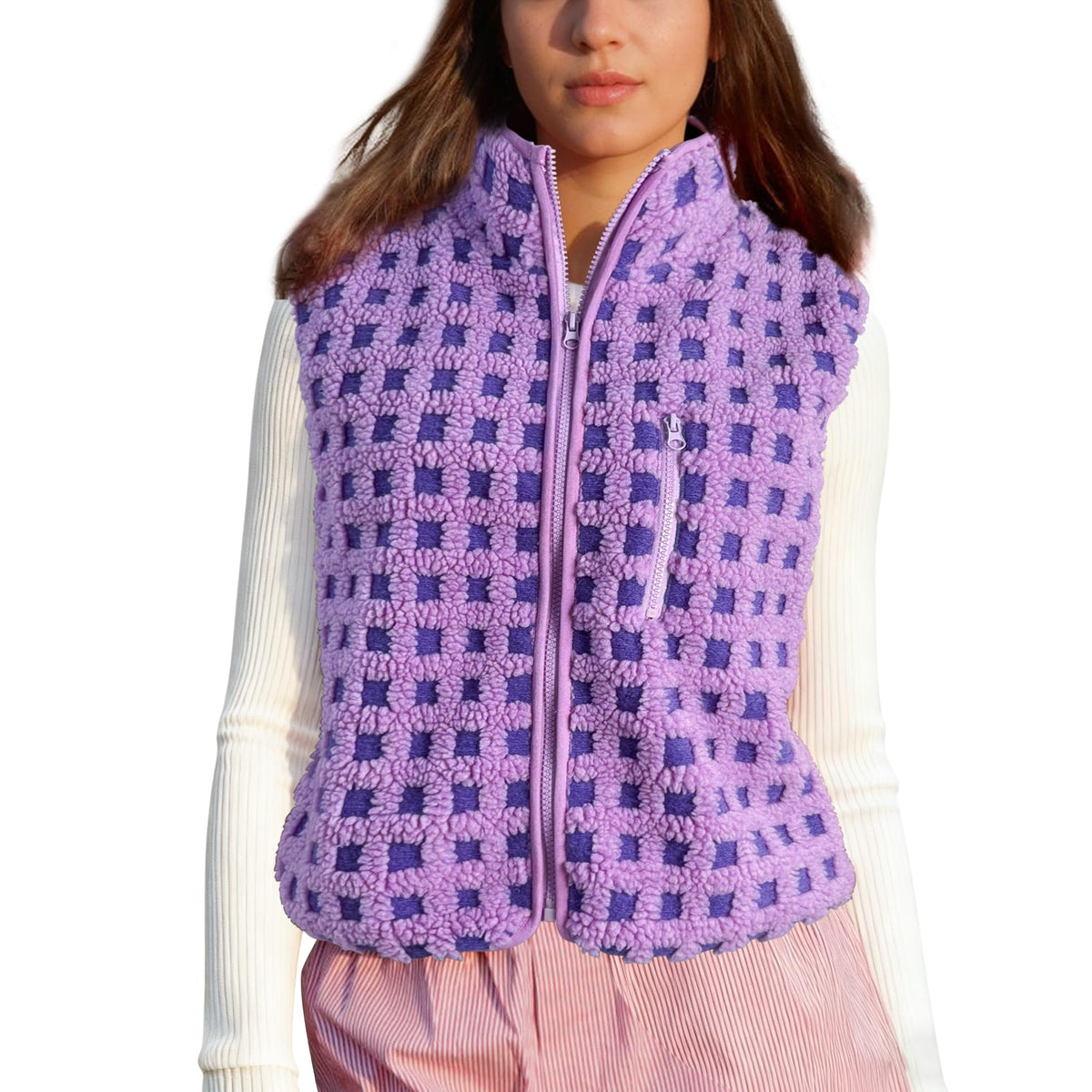 SeeLuNa Plaid Fleece Vest Women Sleeveless Sherpa Vest Full Zip Jacket
