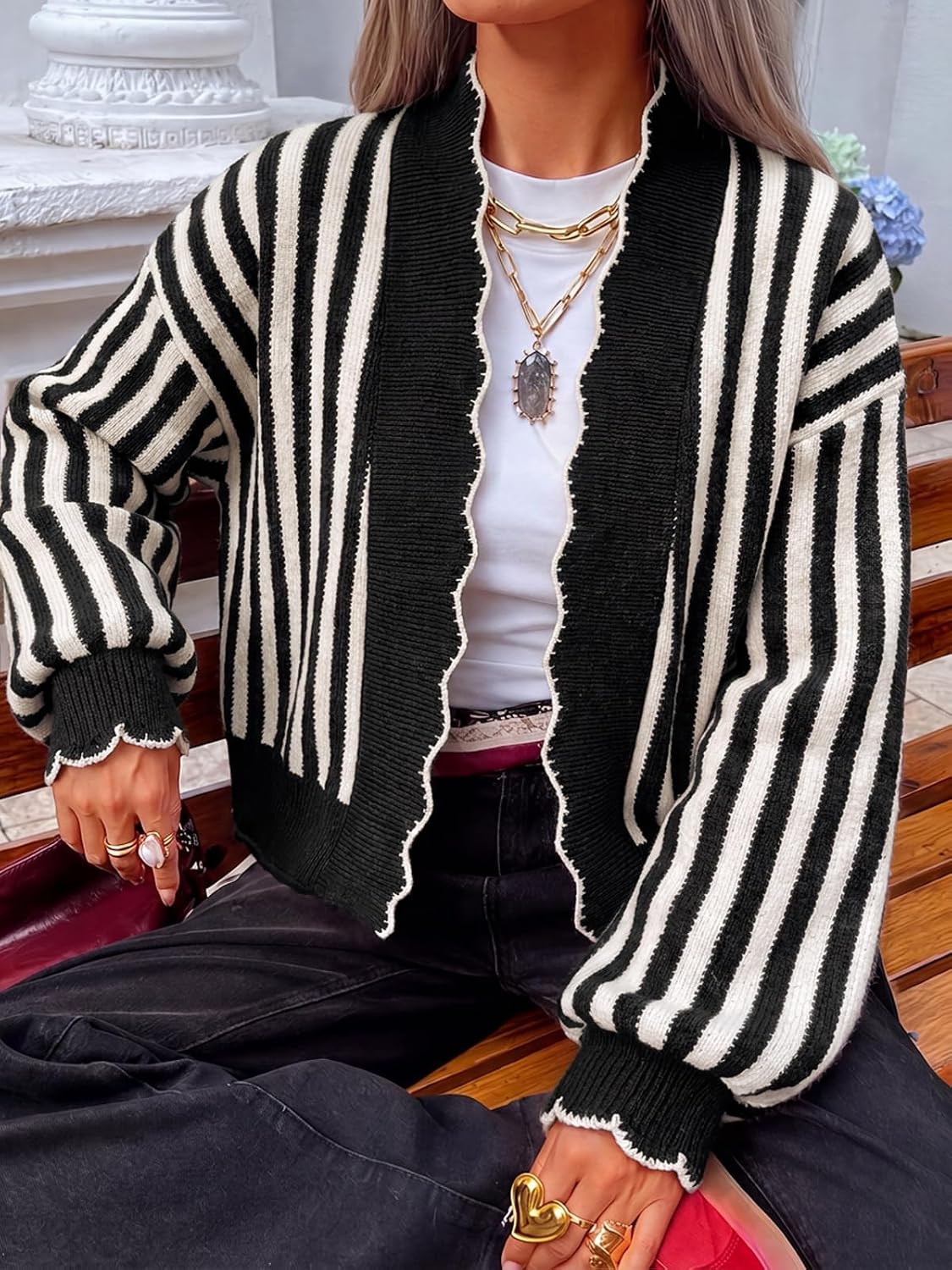 Flowyair Women's Striped Cardigan Sweater Open Front Ruffle Long Sleeve