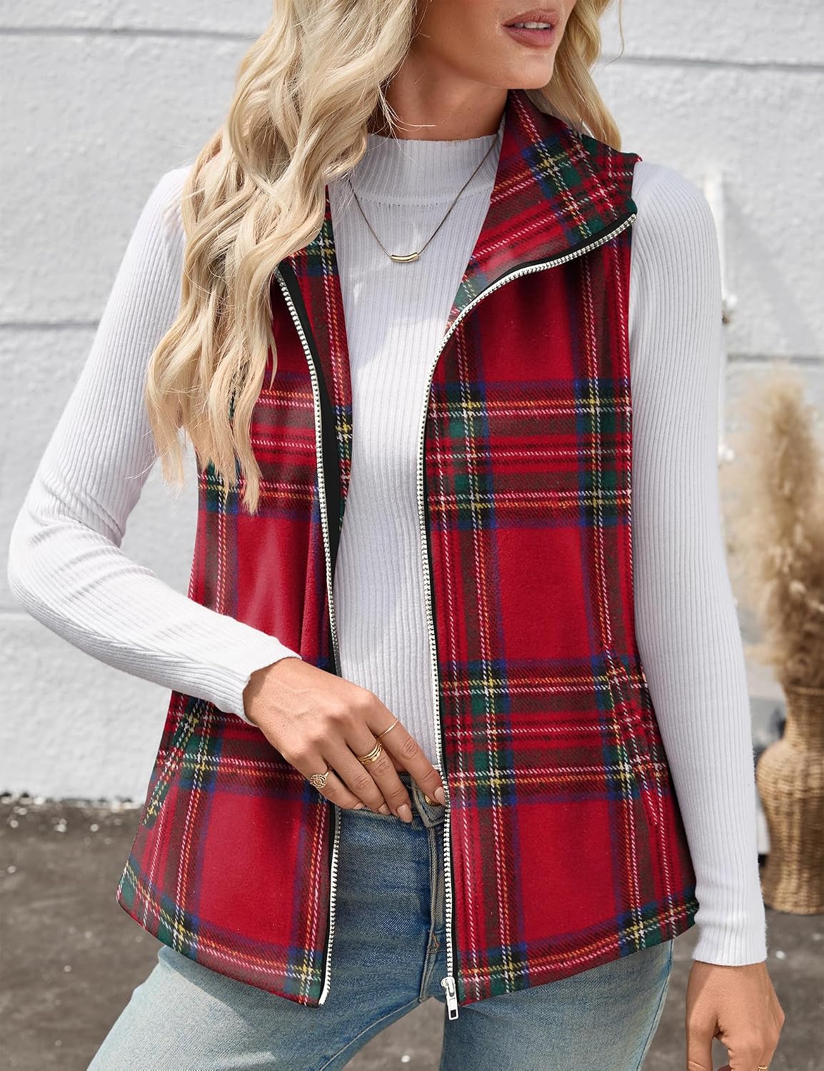 Rapbin Women's Plaid Outerwear Vests Tops Zip Up Collared Sleeveless Jacket with Pockects