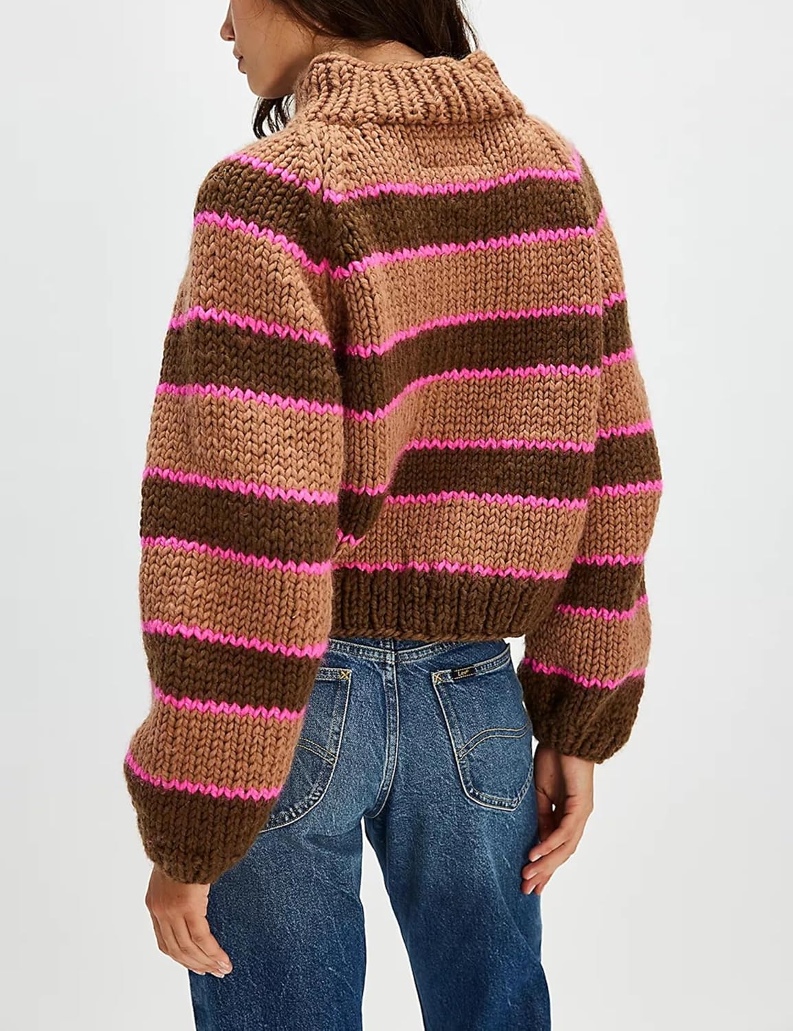 Yeokou Women Stripe Pullover Sweater Turtleneck Ribbed Knit Top Casual Fall Winter Chunky Knitwear