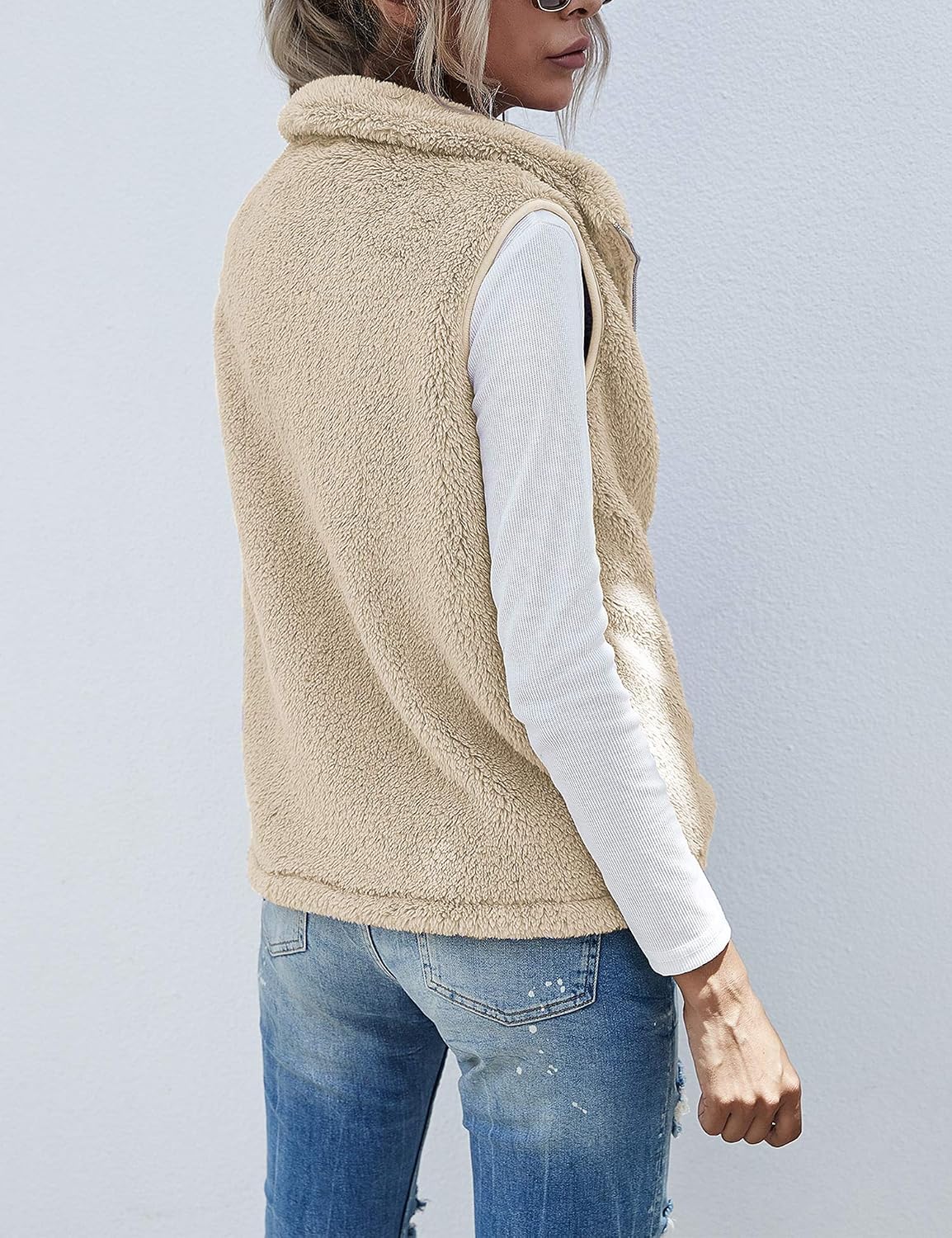 LOMON Womens Fuzzy Sherpa Fleece Jacket Lightweight Vest Cozy Sleeveless Cardigan Zipper Waistcoat Outerwear with Pocket