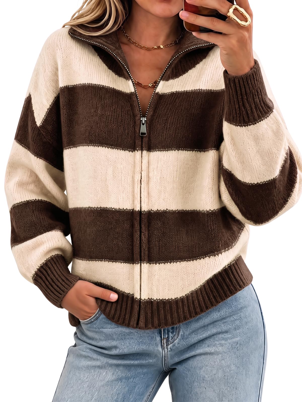 Cicy Bell Women Striped Color Block Cardigan Zip Long Sleeve Knit Sweater
