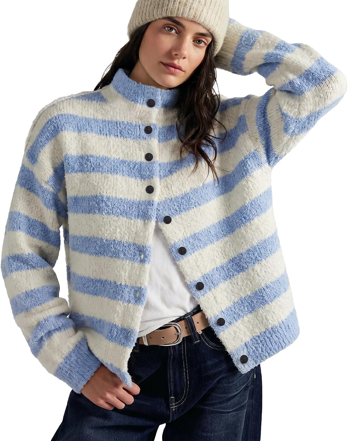 Womens Striped Cardigan Casual Long Sleeve Stand Collar Button Down Sweater Tops Lightweight Fall Fashion Knitwear