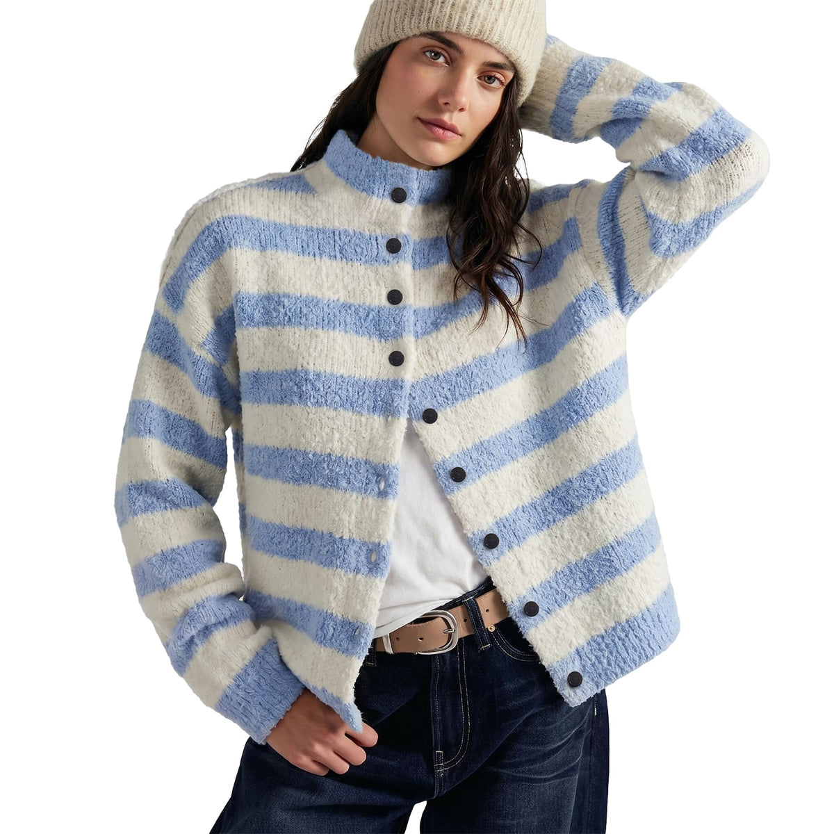 Womens Striped Cardigan Casual Long Sleeve Stand Collar Button Down Sweater Tops Lightweight Fall Fashion Knitwear