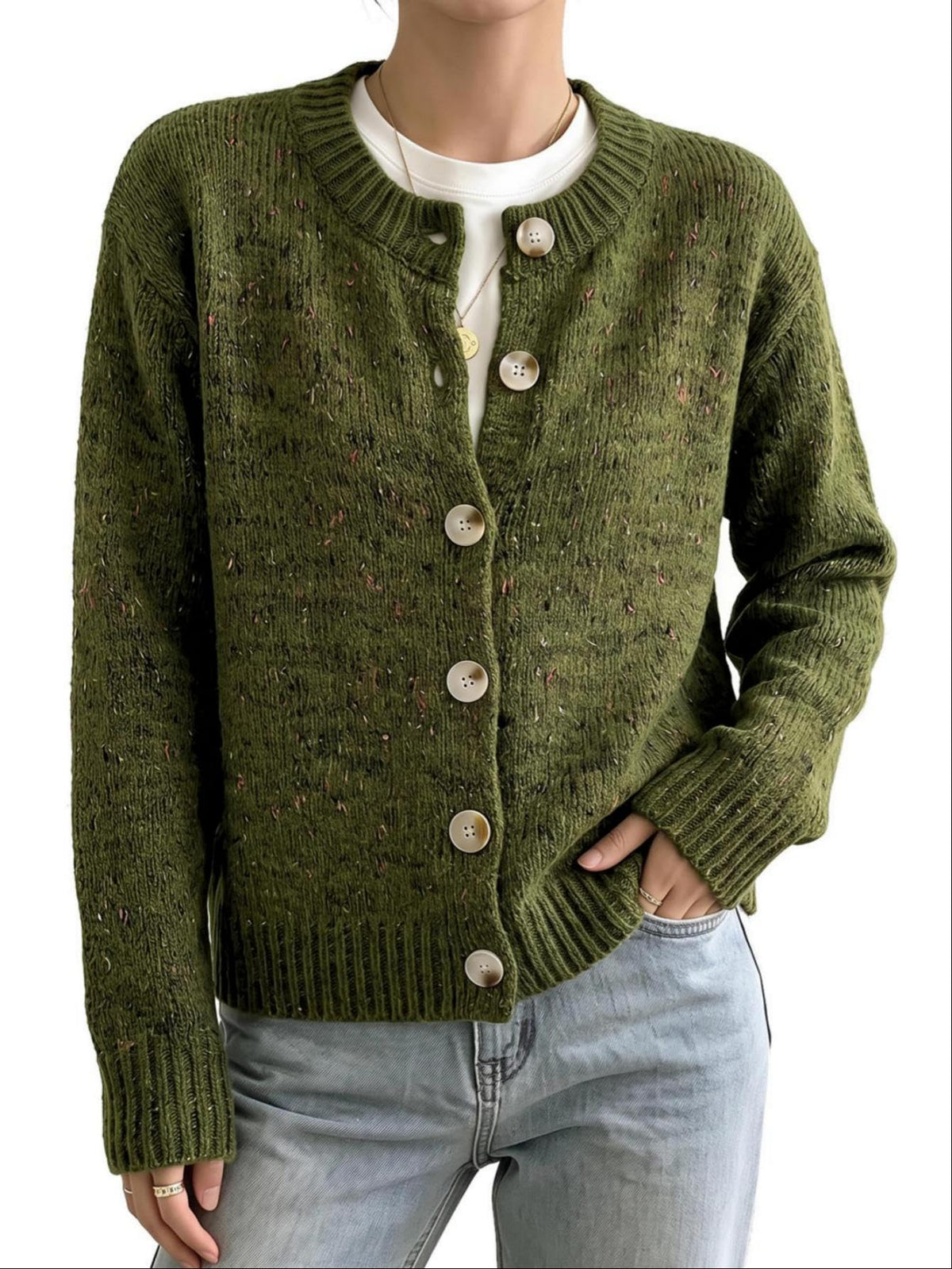 WDIRARA Women's Button Down Cardigan Sweaters Crewneck Long Sleeve Knit Outerwear Casual Knitwear