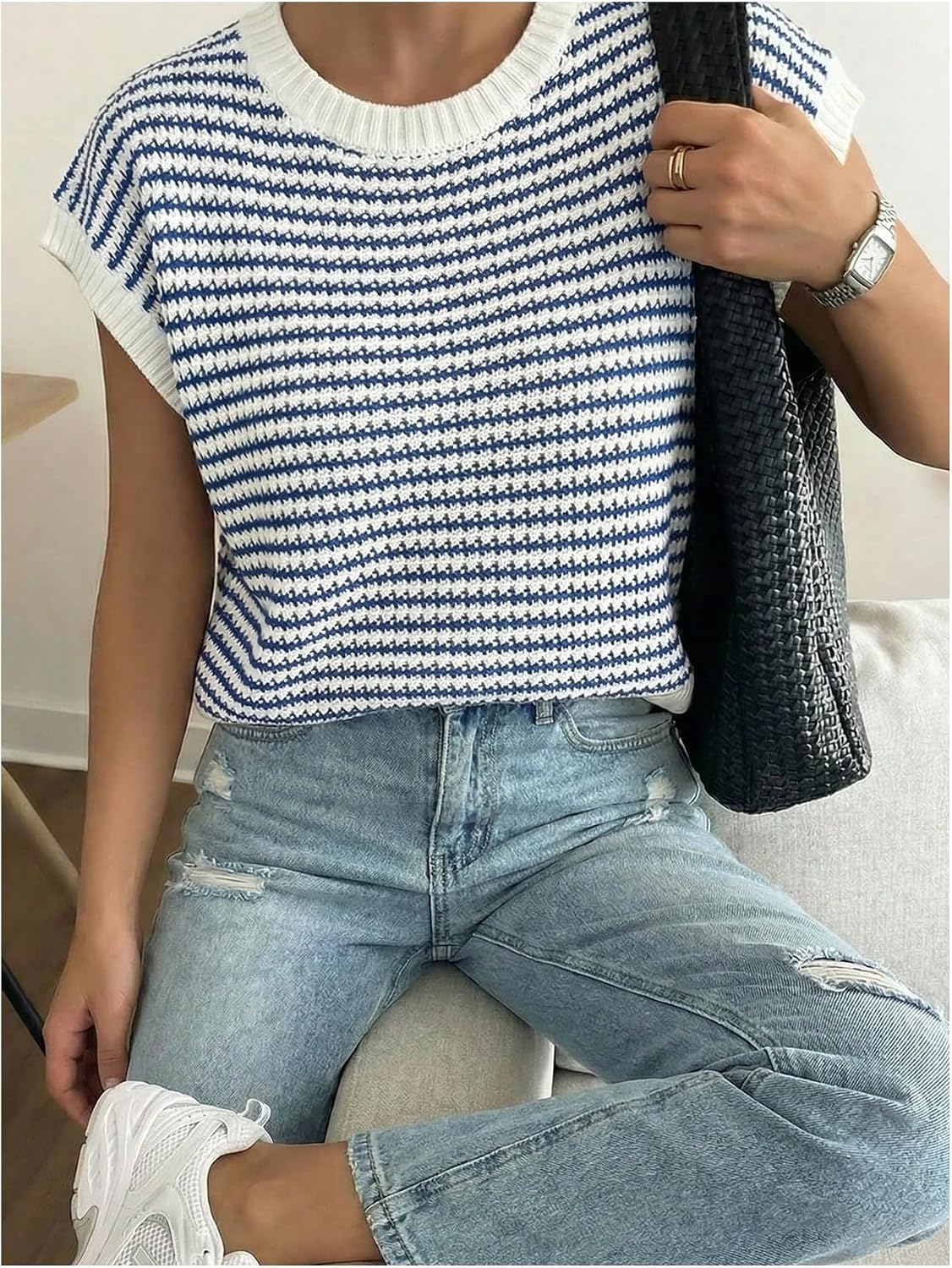 MakeMeChic Women's Summer Striped Sweater Vest Crochet Cap Sleeve Crewneck Knit Pullover Tops