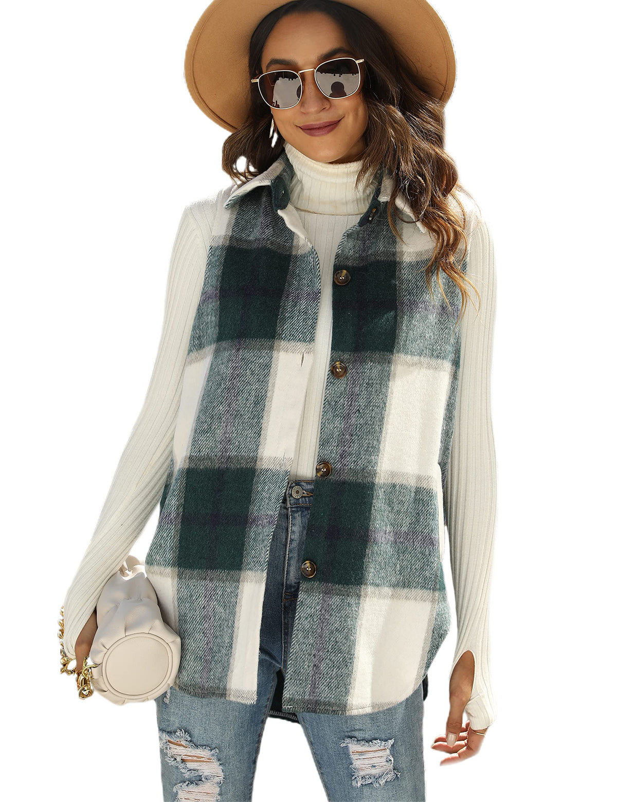 Tanming Women's Plaid Vest Fall Flannel Sleeveless Shacket