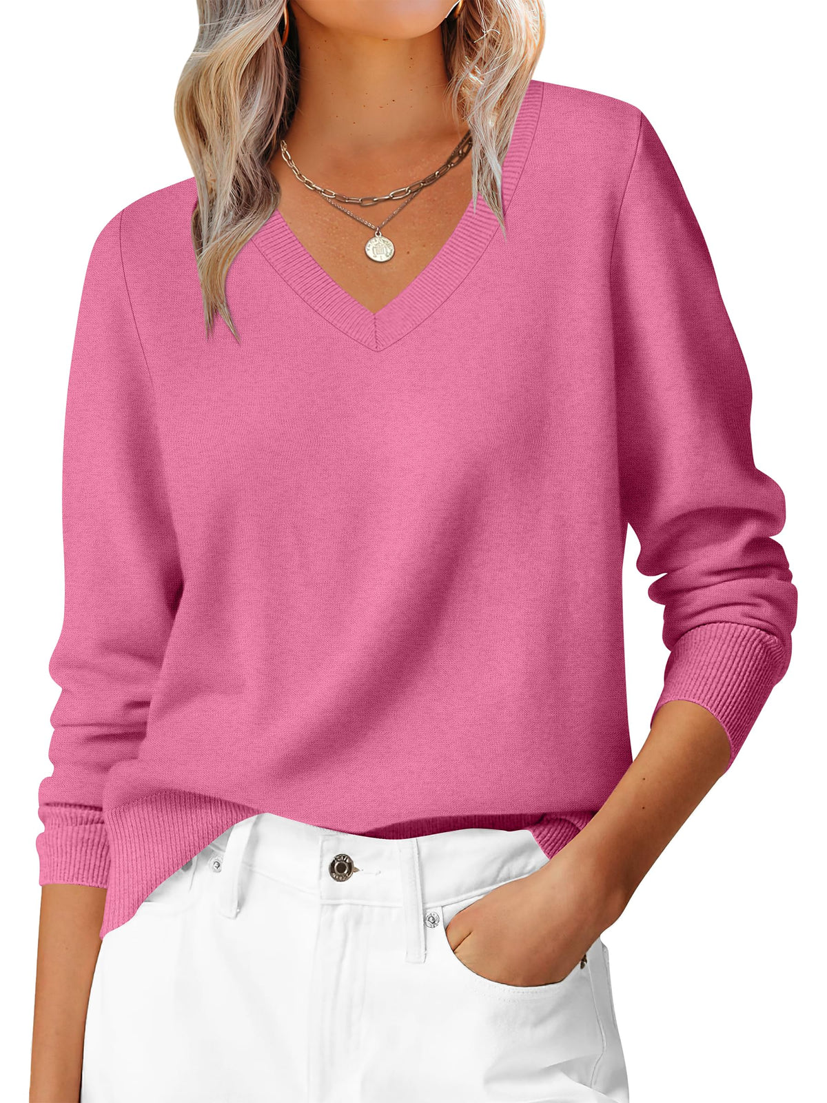ANRABESS Women’s Fall Long Sleeve V Neck Lightweight Sweaters Top