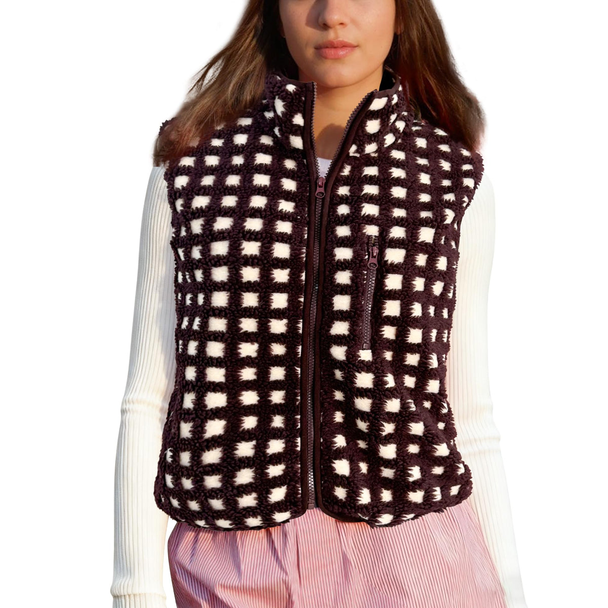 SeeLuNa Plaid Fleece Vest Women Sleeveless Sherpa Vest Full Zip Jacket