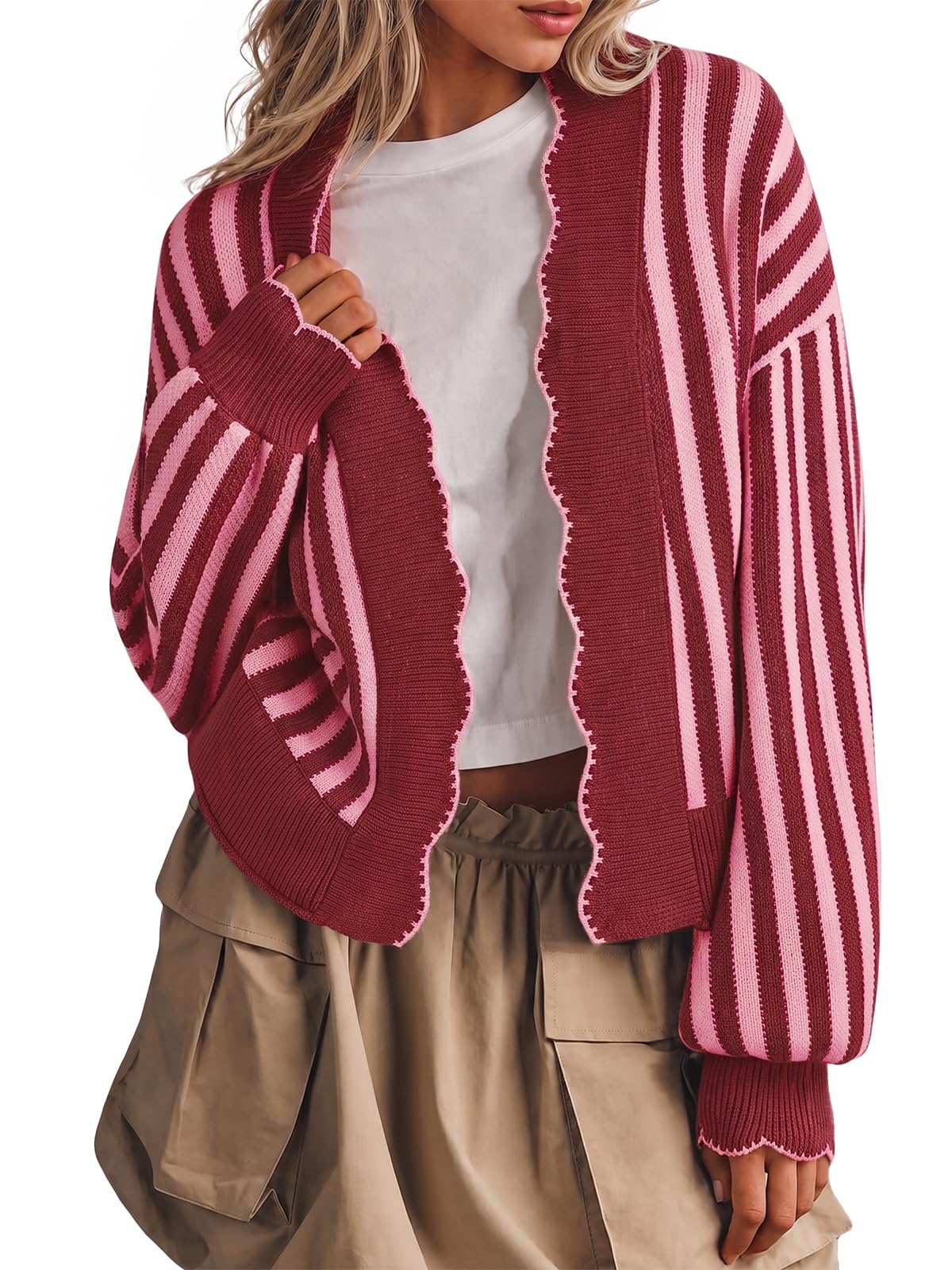 Flowyair Women's Striped Cardigan Sweater Open Front Ruffle Long Sleeve