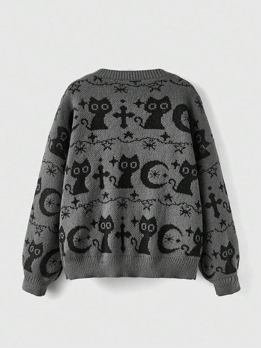 WDIRARA Women's Goth Cartoon Pattern Sweater Knit Pullover Top