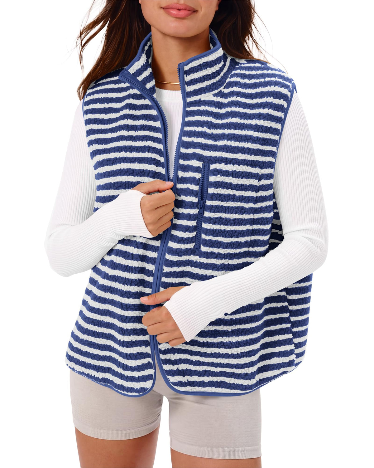 Gacaky Women's Sherpa Fleece Striped Vest Stand Collar Sleeveless Jacket