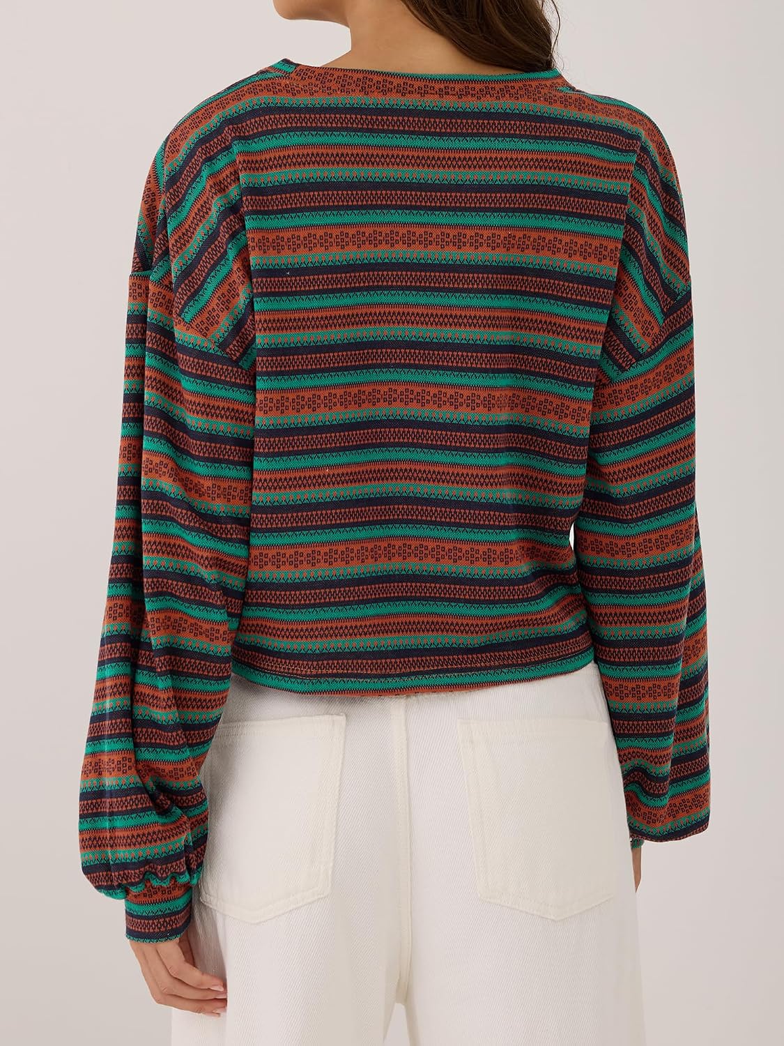 ZAFUL Women's Tribal Ethnic Graphic Cropped Knitwear Bohemian Long Sleeve Pullover Sweater Boho Drop Shoulder Knitted Top