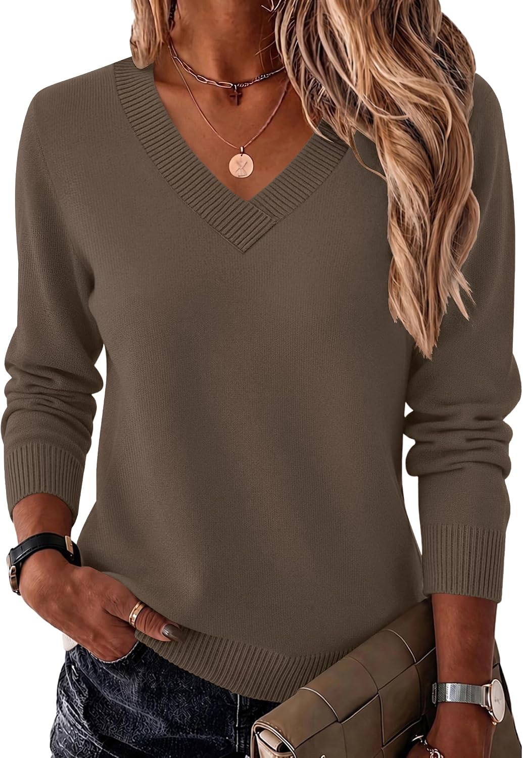 Zeagoo Womens V Neck Sweaters Long Sleeve Tops Lightweight Fall Clothes