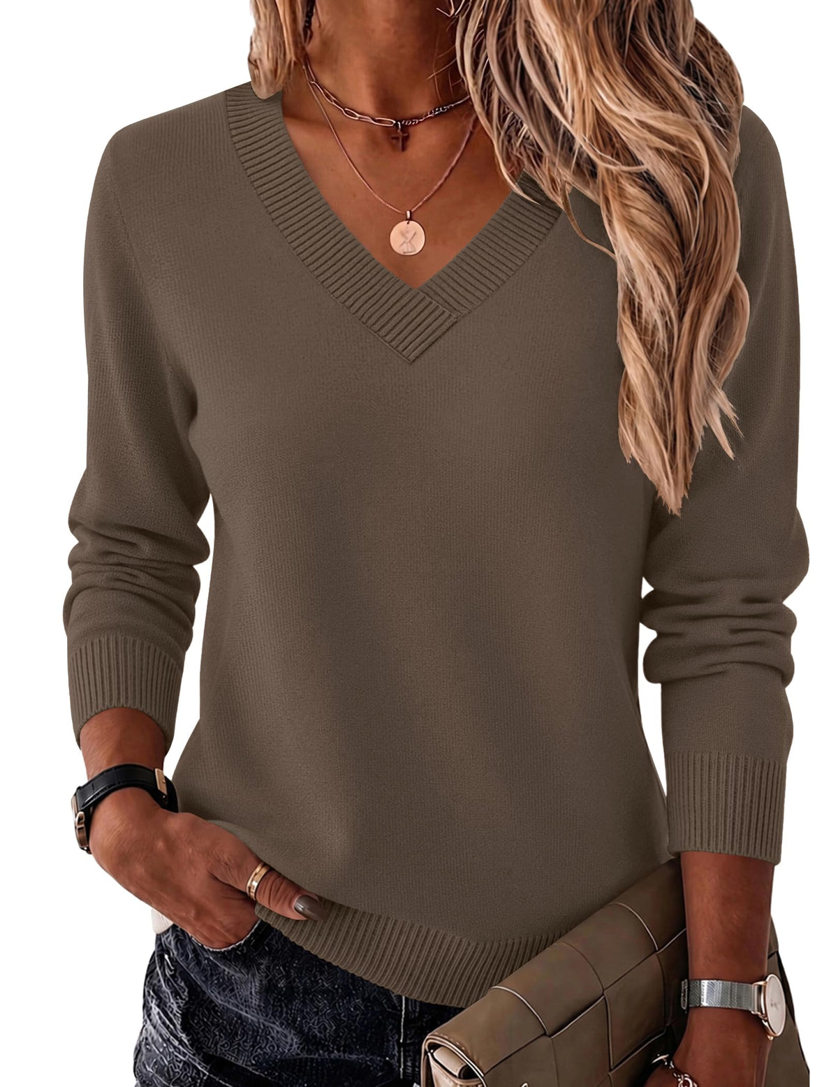 Zeagoo Womens V Neck Sweaters Long Sleeve Tops Lightweight Fall Clothes