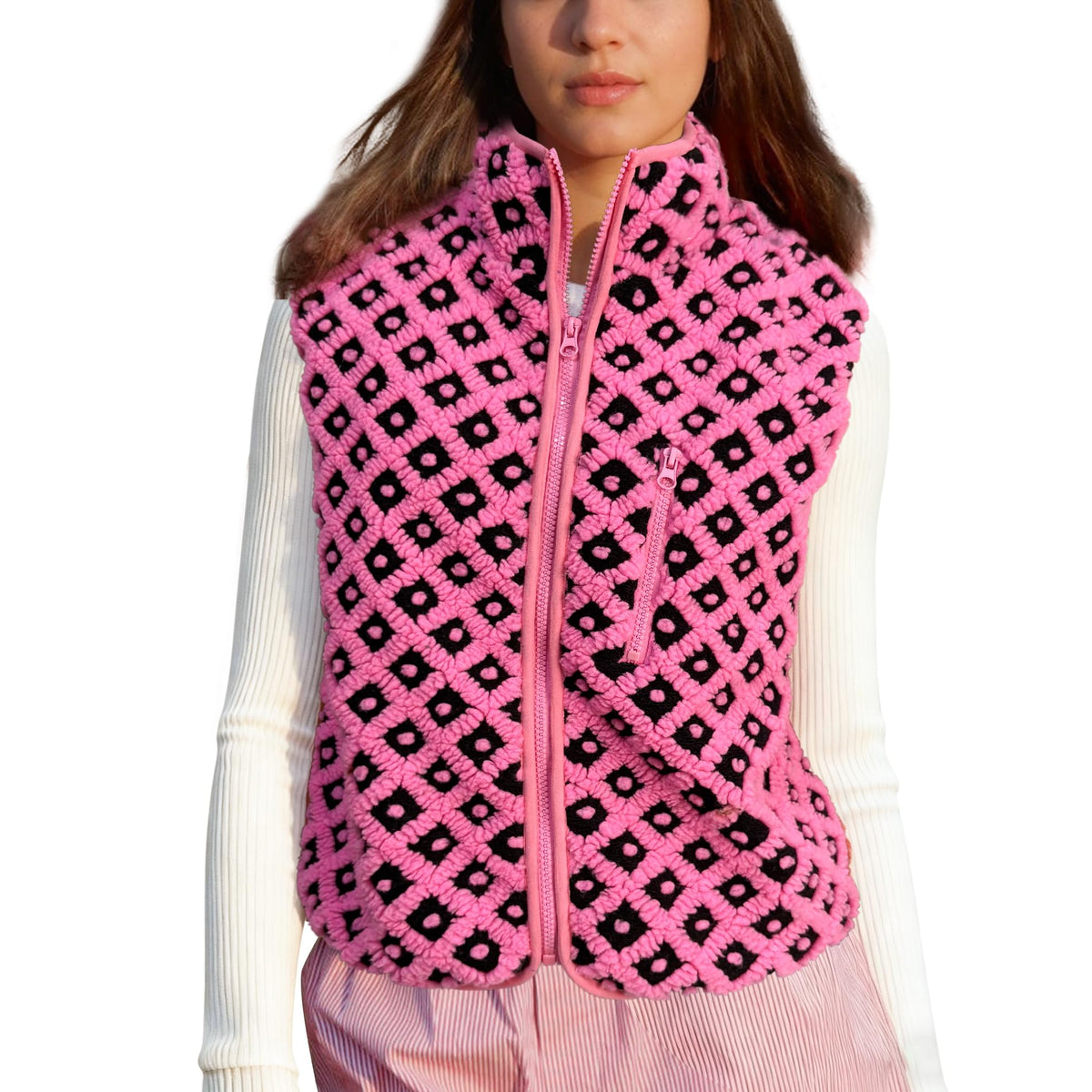 SeeLuNa Plaid Fleece Vest Women Sleeveless Sherpa Vest Full Zip Jacket