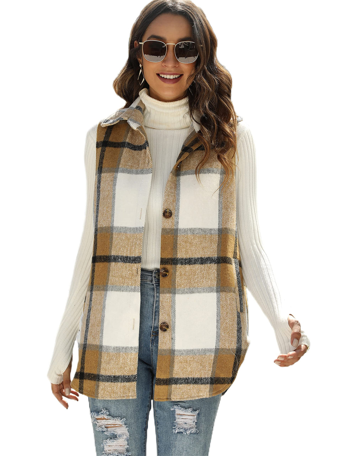 Tanming Women's Plaid Vest Fall Flannel Sleeveless Shacket