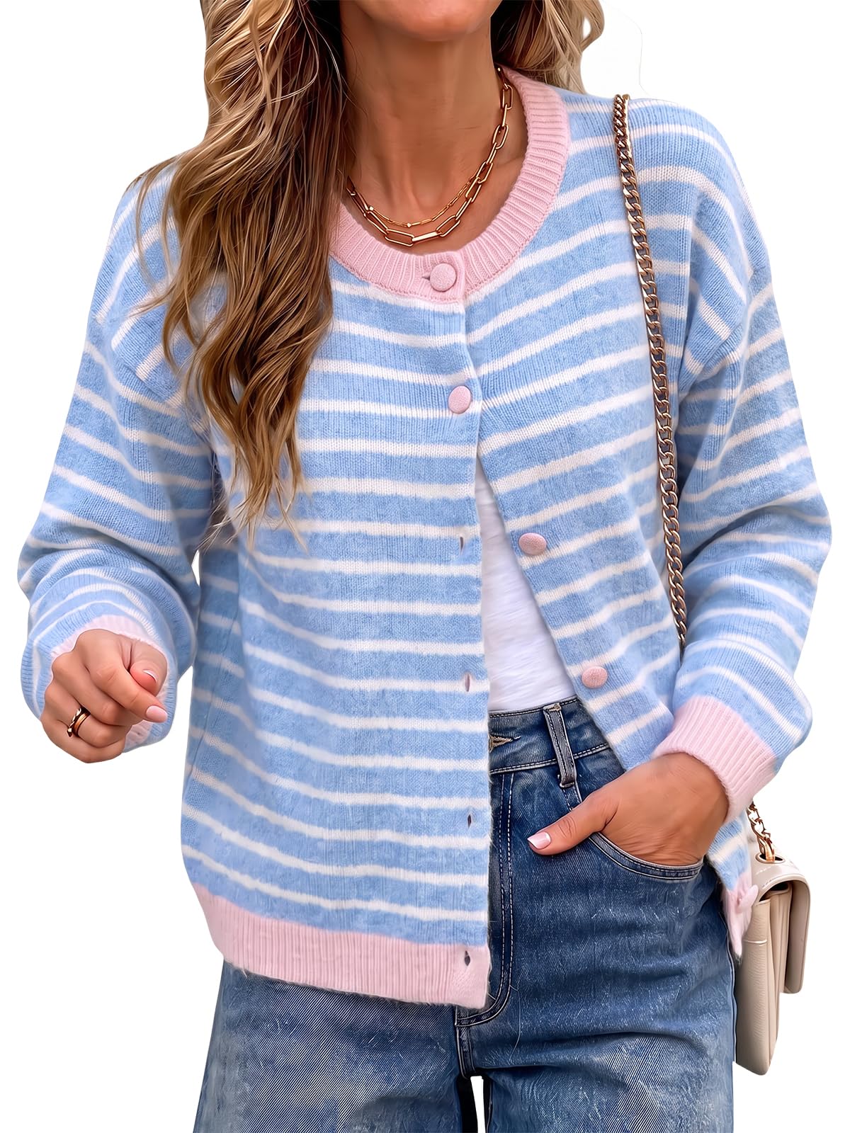 Cicy Bell Women Striped Cardigan Sweater Button Down Crewneck Knitwear