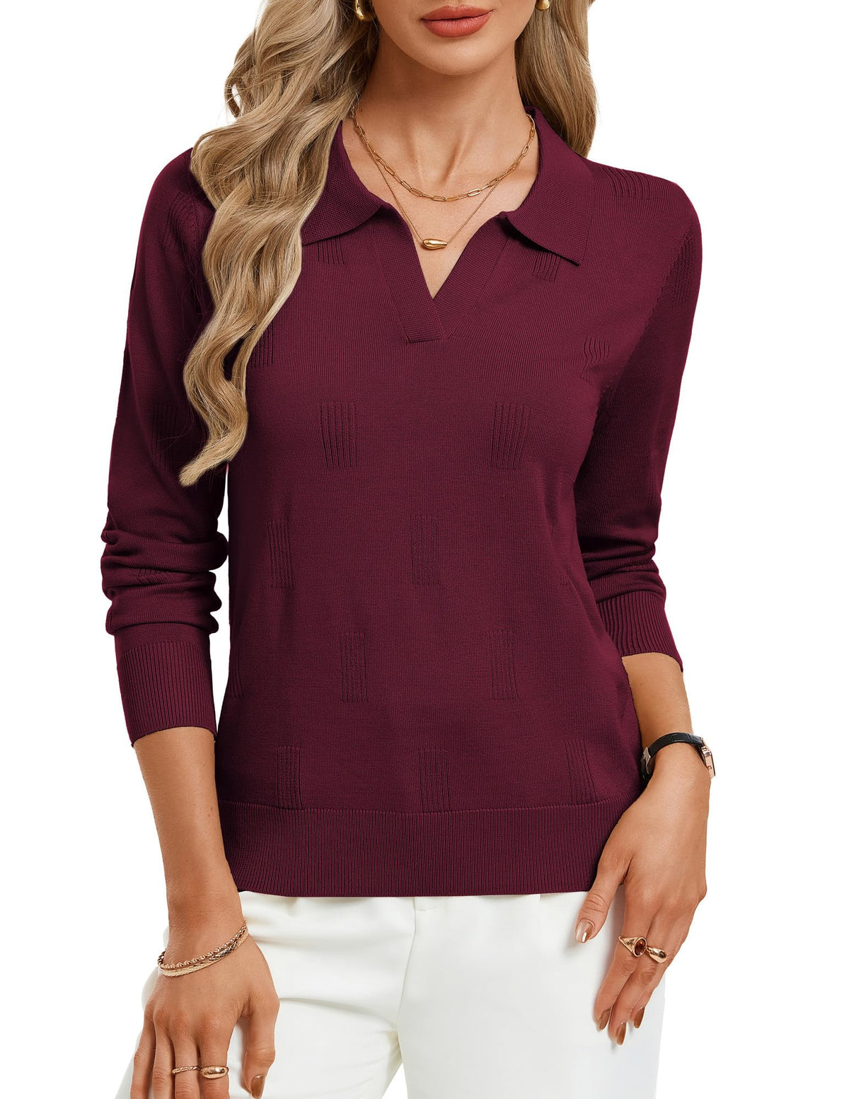 Women's Long Sleeve Classic V Neck Casual Fall Winter Polo Sweater Tops