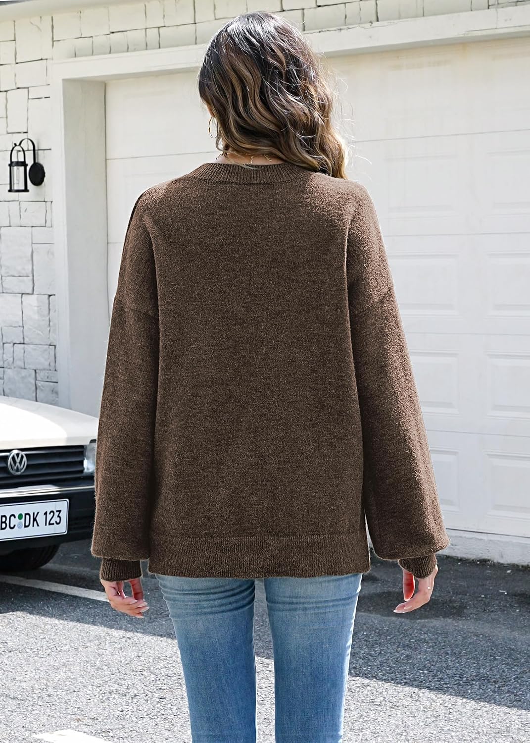 Womens Oversized Sweaters Fall Fashion Side Slit Ribbed Pullover Sweater