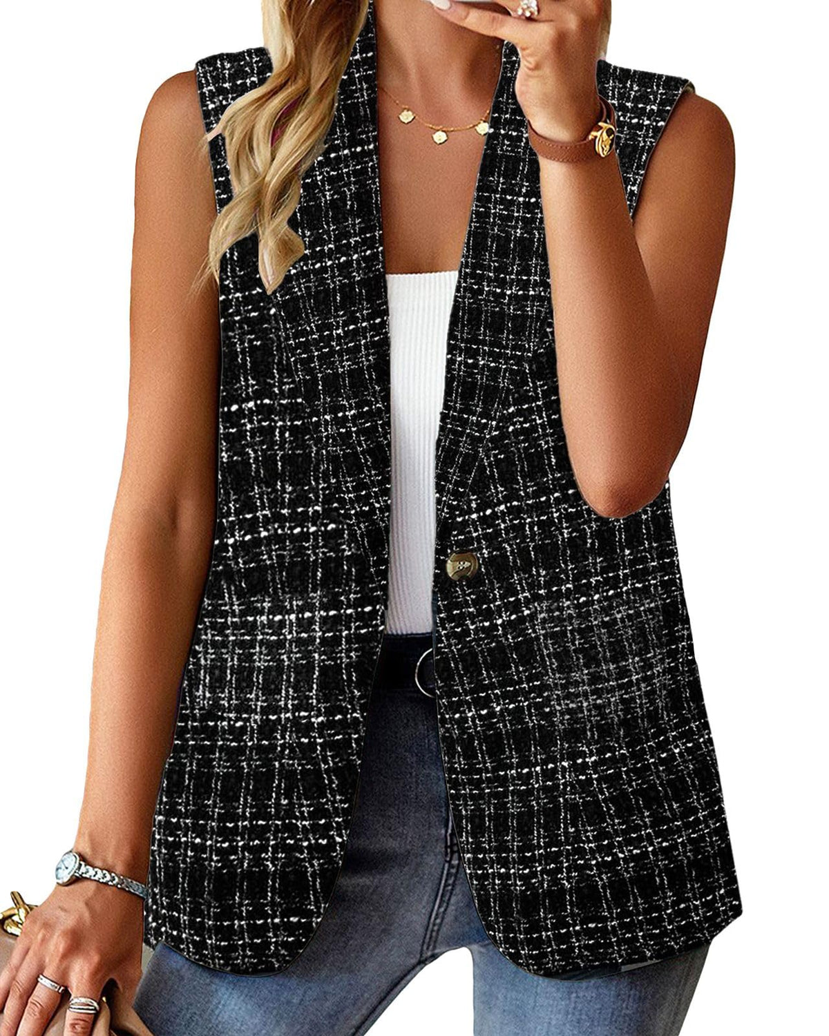 Mina Self Women's Sleeveless Vest Tops Open Front Lightweight Blazer Jacket