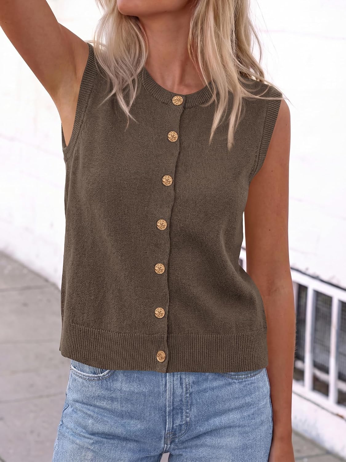 BTFBM Sweater Vest Women Casual Crewneck Loose Button Down Knit Sleeveless Cardigan 2026 Spring Clothes Summer Vest Tops