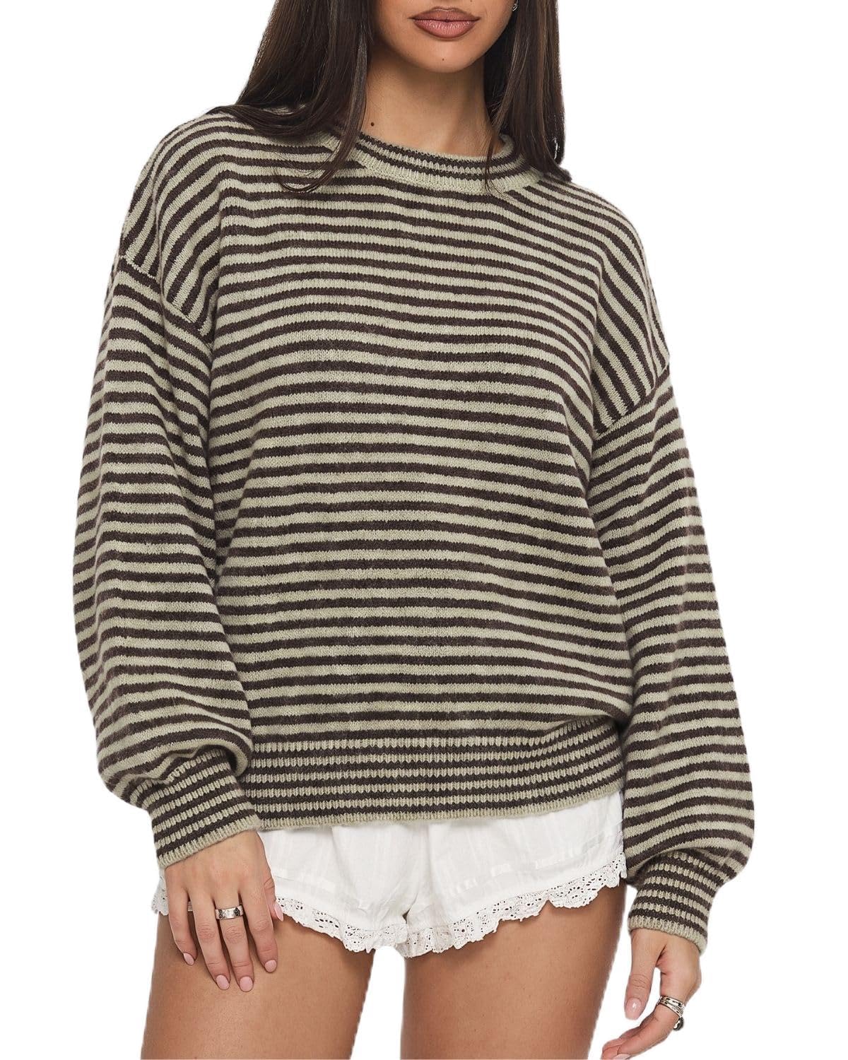 QINSEN Women's Crewneck Oversized Sweater Striped Long Sleeve Pullover Top