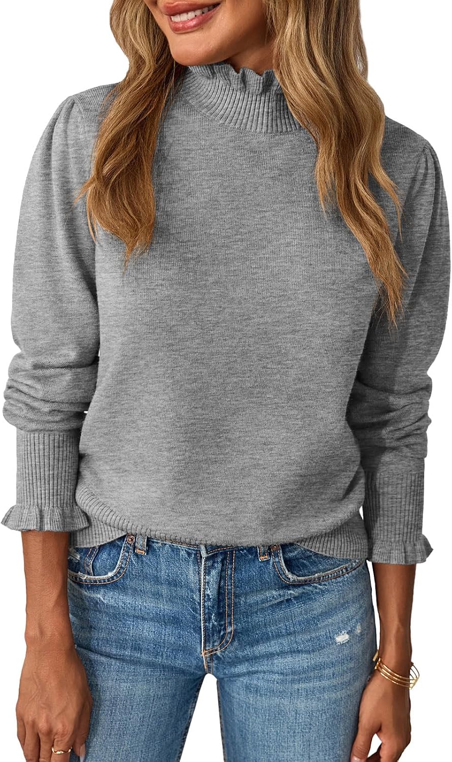 Saodimallsu Womens Ruffle Mock Neck Sweater Puff Sleeve Knit Pullover Tops