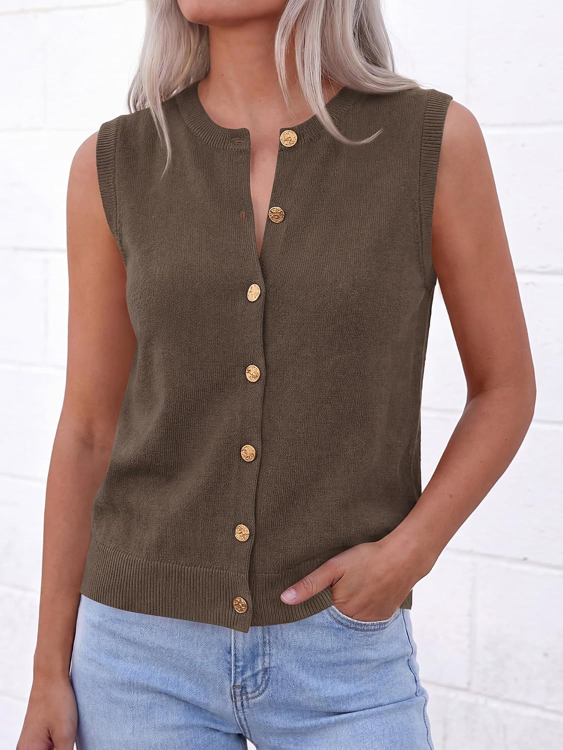 BTFBM Sweater Vest Women Casual Crewneck Loose Button Down Knit Sleeveless Cardigan 2026 Spring Clothes Summer Vest Tops