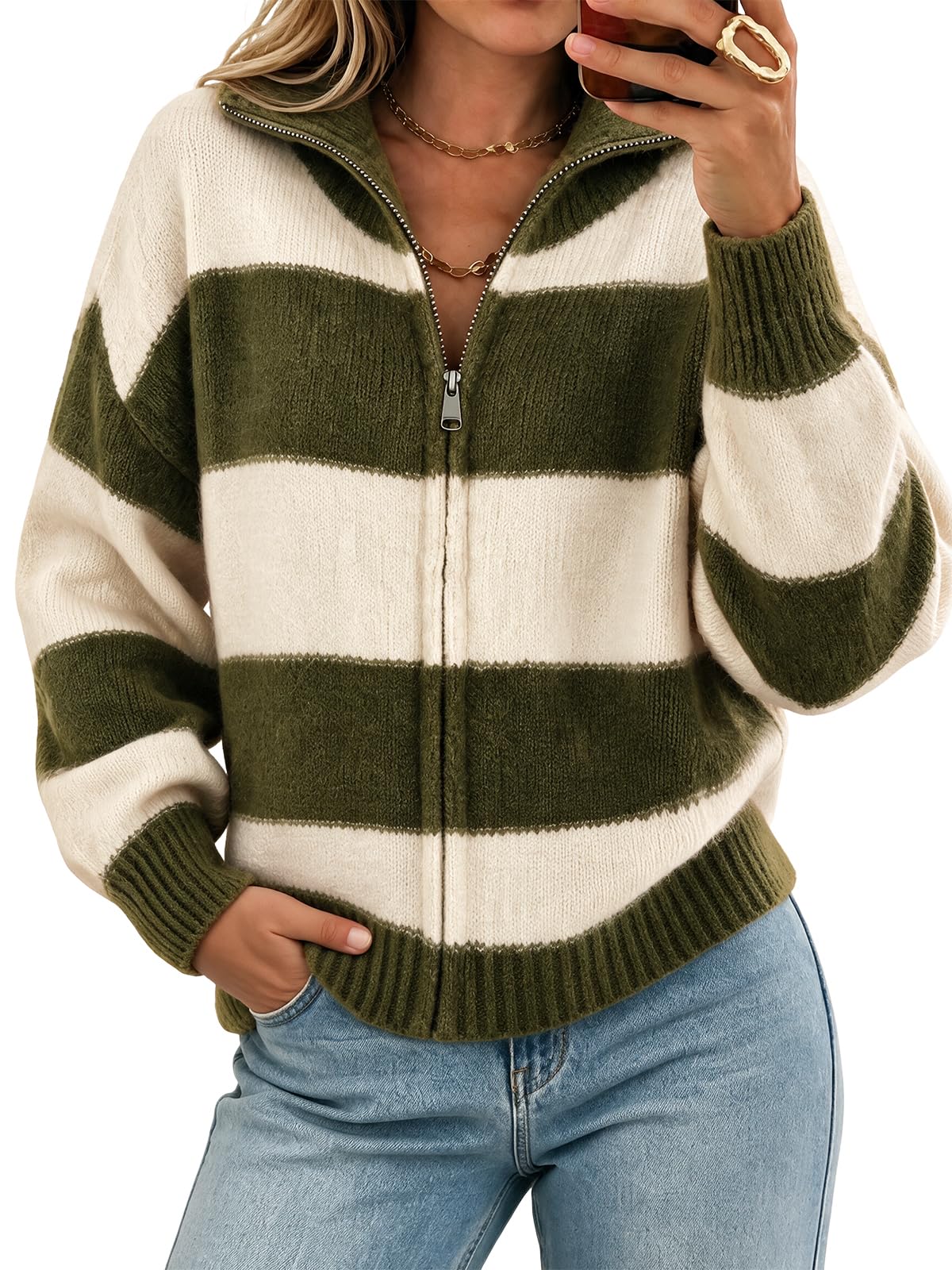 Cicy Bell Women Striped Color Block Cardigan Zip Long Sleeve Knit Sweater