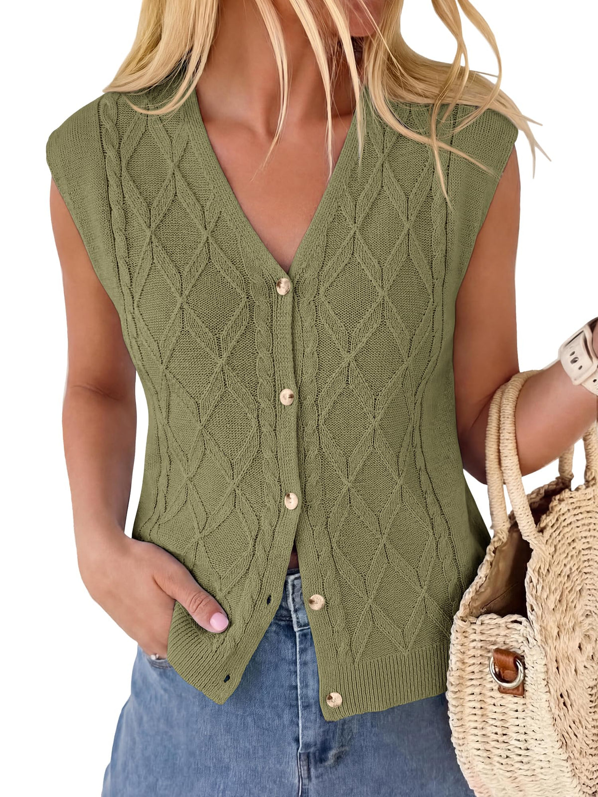 BTFBM Vest Tops for Women Summer V Neck Button Loose Lightweight Cardigan Knit Cap Sleeve Sweater Vests Fashion Clothing