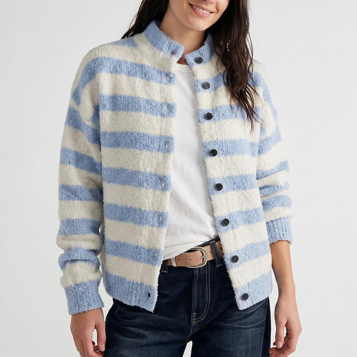 Womens Striped Cardigan Casual Long Sleeve Stand Collar Button Down Sweater Tops Lightweight Fall Fashion Knitwear