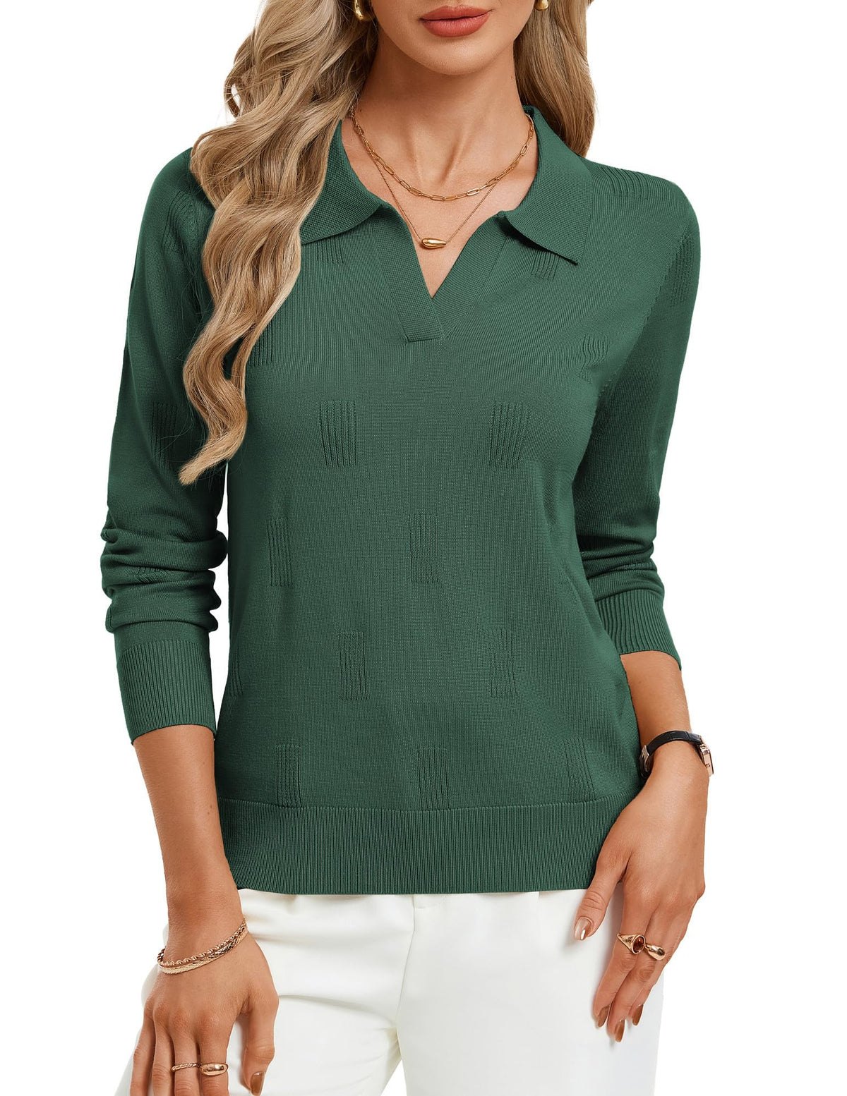 Women's Long Sleeve Classic V Neck Casual Fall Winter Polo Sweater Tops